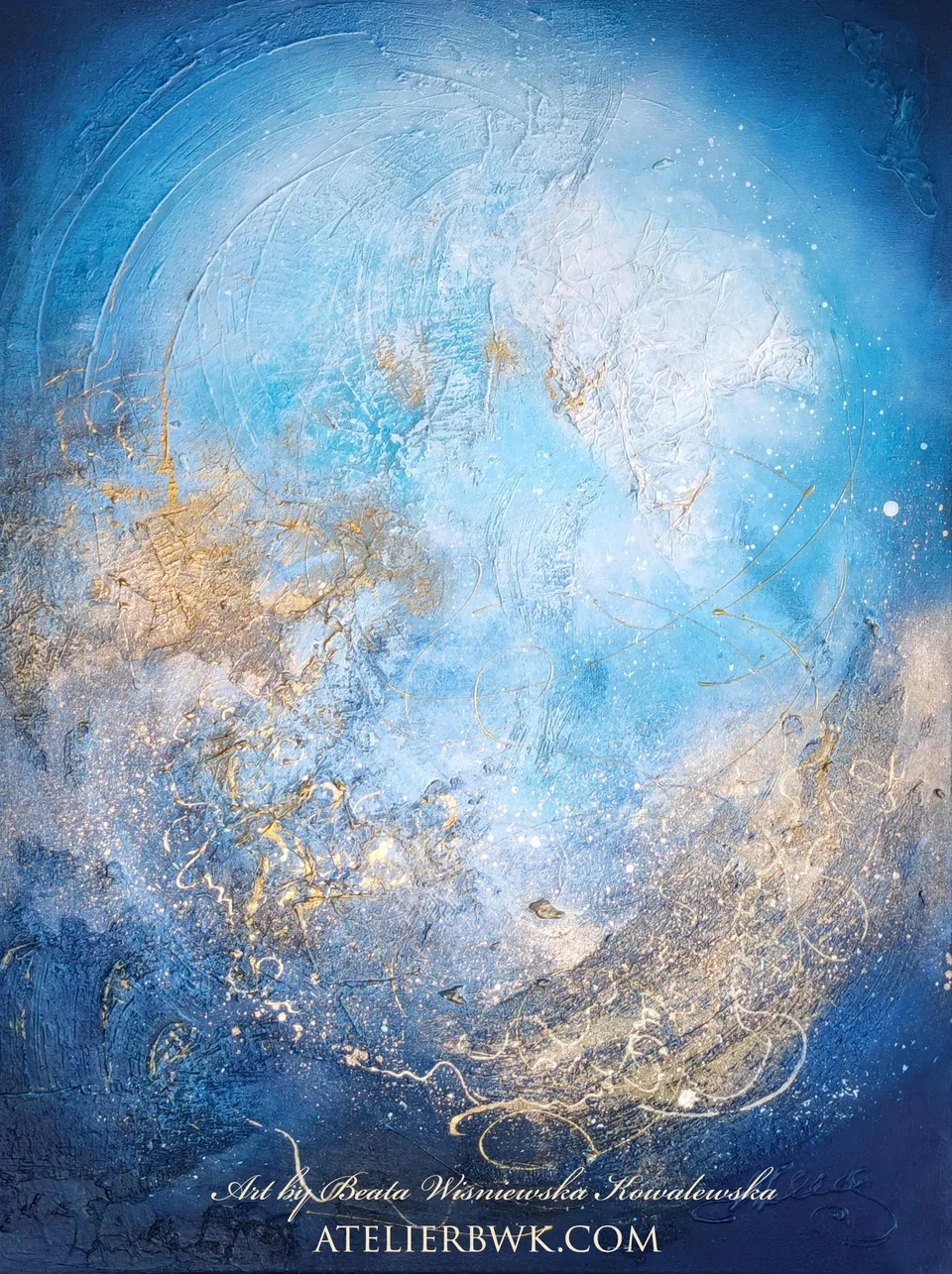 ANIELSKA PRZESTRZEŃ, blue with a golden texture – abstract painting by Beata Wiśniewska-Kowalewska