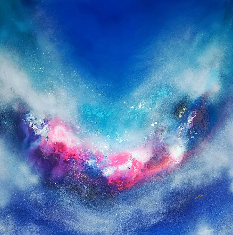 ANIELSKI SZEPT, luminous wings in white and blue – abstract painting by Beata Wiśniewska-Kowalewska