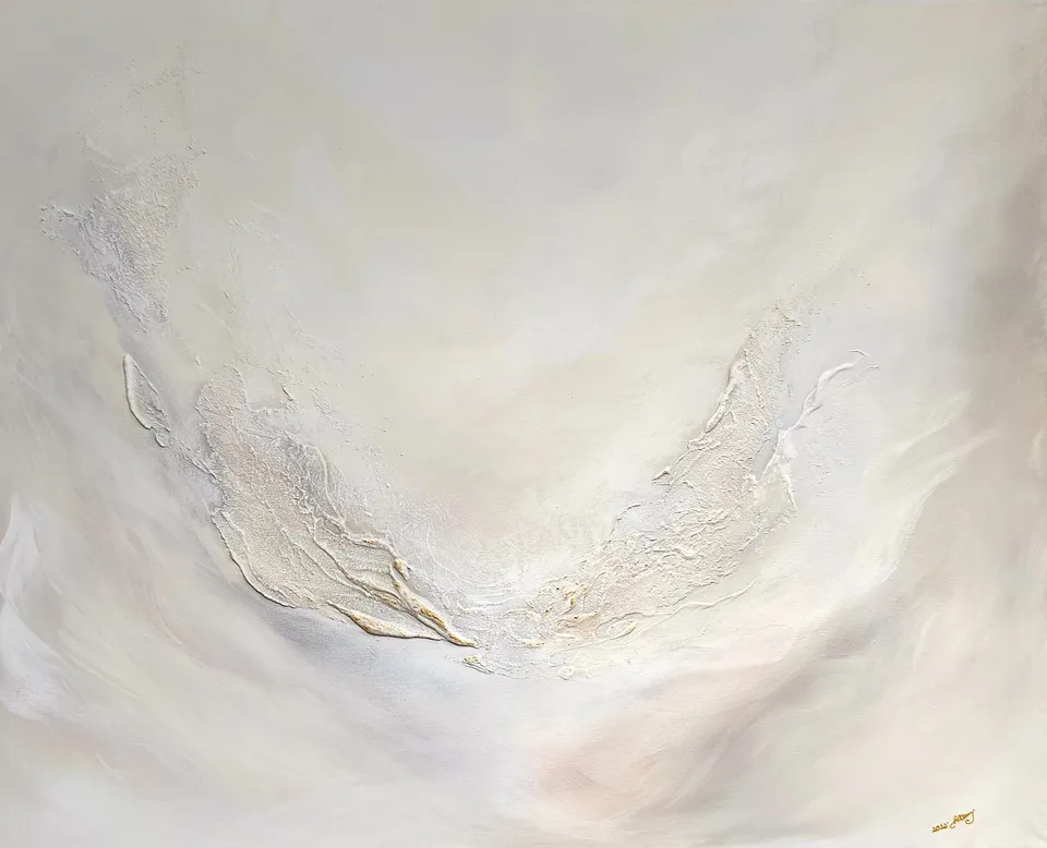 ANIOŁ ŚWIATA, white and ecru with gold ornaments – abstract painting by Beata Wiśniewska-Kowalewska