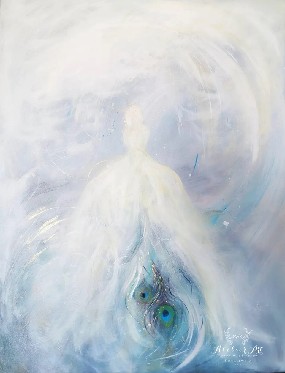 An ethereal figure with peacock feathers.