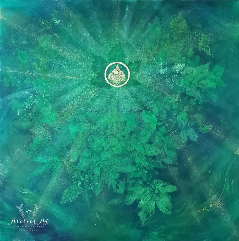 A green abstraction, leaves and a symbol.