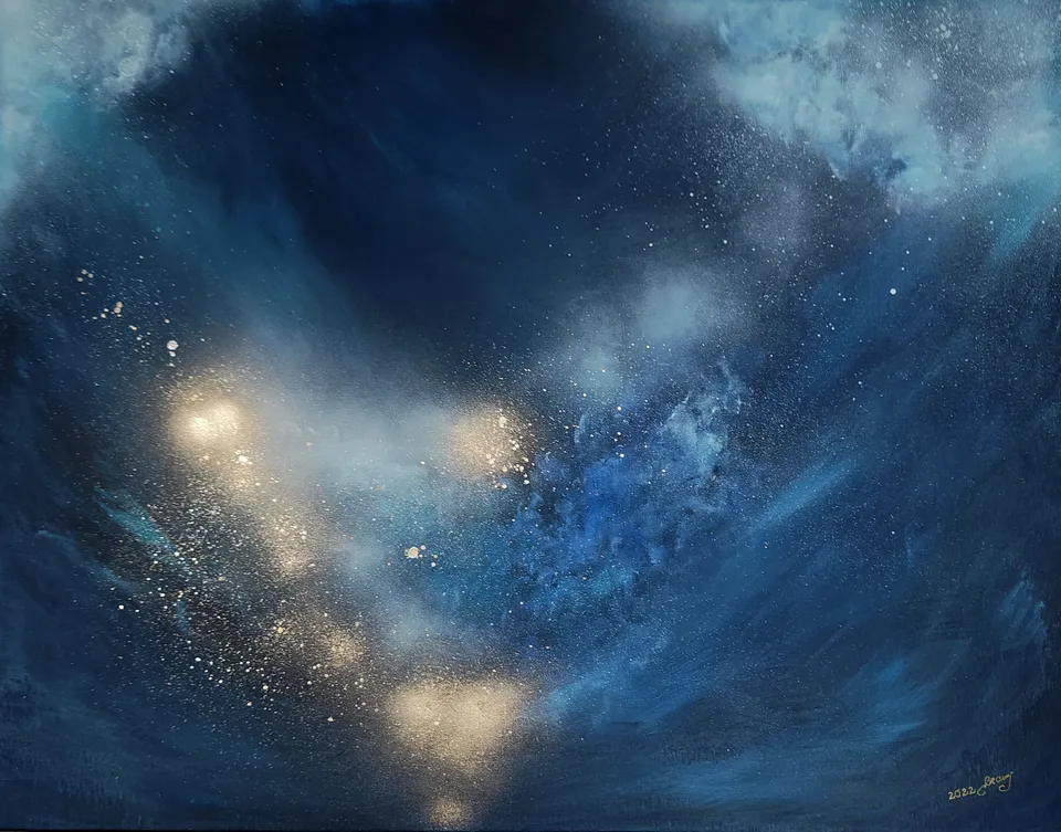 Blue swirls and sparks of gold.