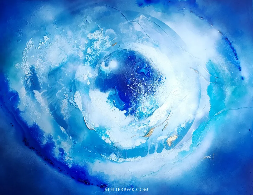 BOSKA PRZESTRZEŃ, blue, white and gold – abstract painting by Beata Wiśniewska-Kowalewska
