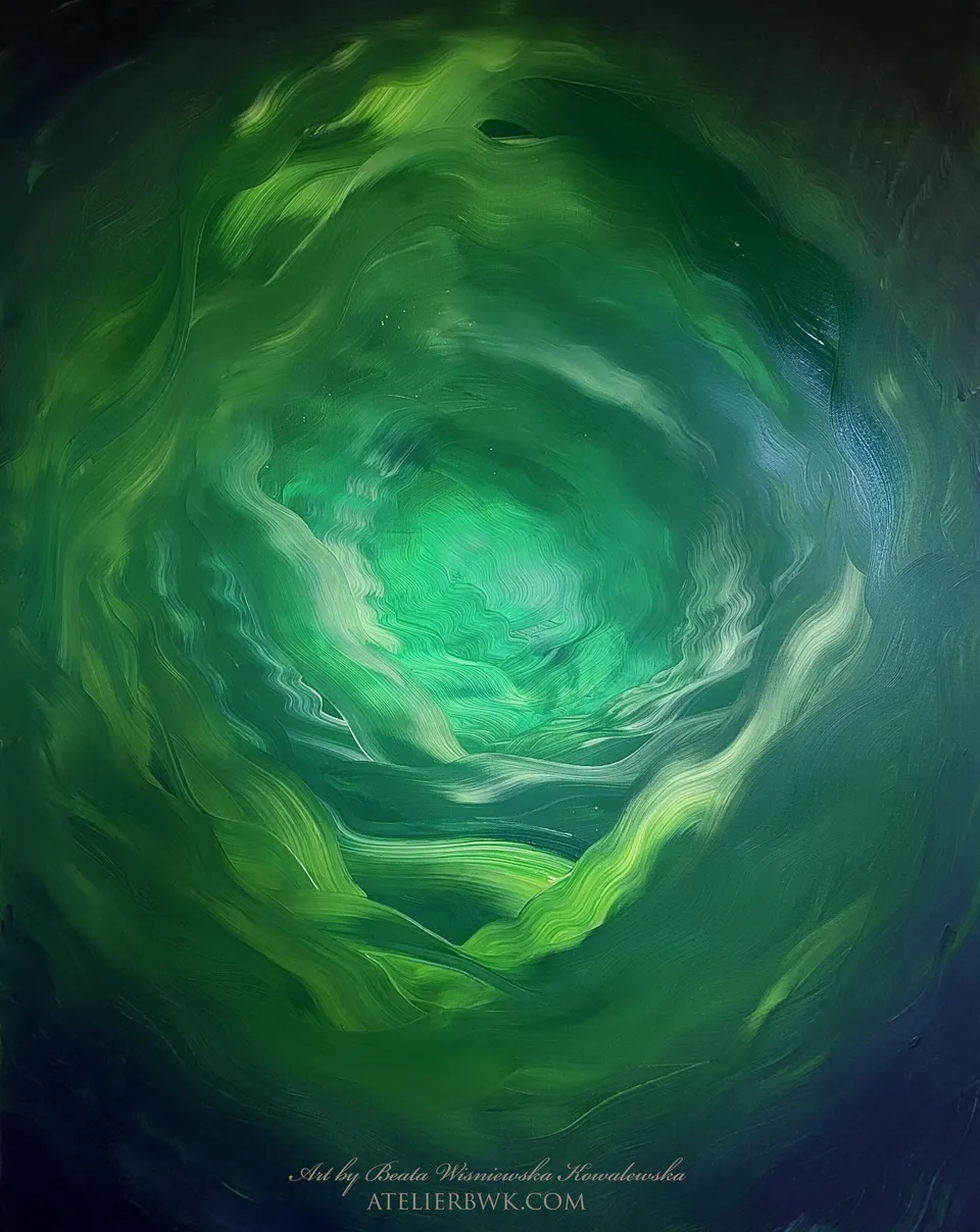 BRAMA – ENERGIA ŻYCIA, the green energy of the heart chakra – abstract painting by Beata Wiśniewska-Kowalewska