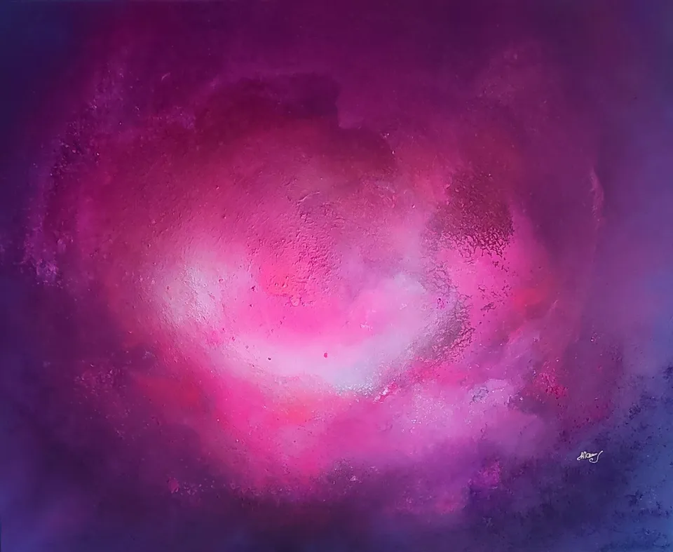 CREATIO LUCIS III. COR LUCIS (The heart of light), magenta abstract painting by Beata Wiśniewska-Kowalewska