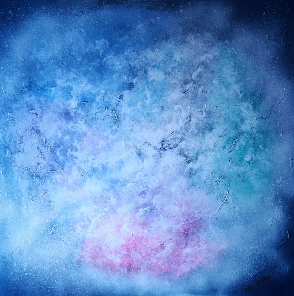 ENERGIE 5 ARCHANIOŁÓW, blue, white, green, pink and violet – abstract painting by Beata Wiśniewska-Kowalewska