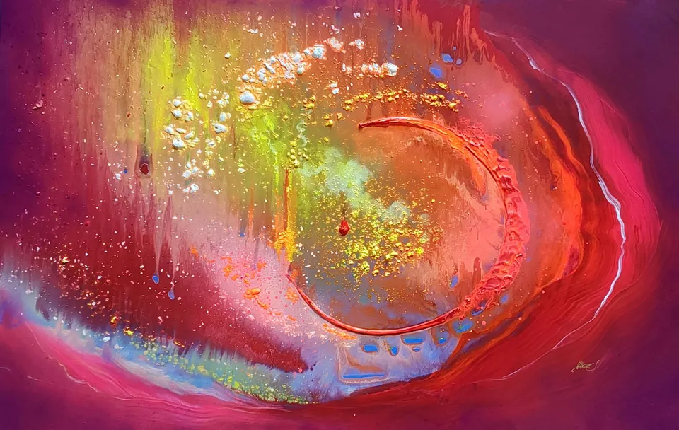 CREATIO LUCIS II. GUTTA PRIMORDIA (The primordial drop), magenta abstract painting by Beata Wiśniewska-Kowalewska