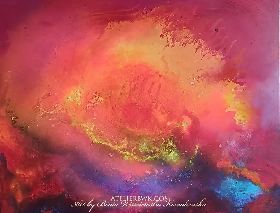 CREATIO LUCIS V. IGNIS VITAE (The fire of life), magenta abstract painting by Beata Wiśniewska-Kowalewska