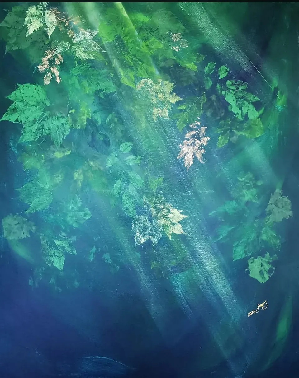 LEŚNA KĄPIEL, shades of green – abstract painting by Beata Wiśniewska-Kowalewska
