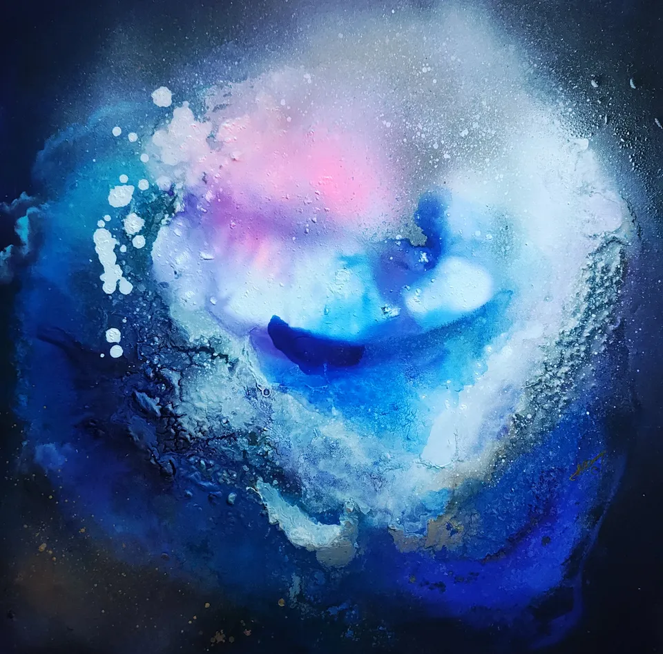 LIMEN, depths of indigo, blue and violet with luminous reflections – abstract painting by Beata Wiśniewska-Kowalewska