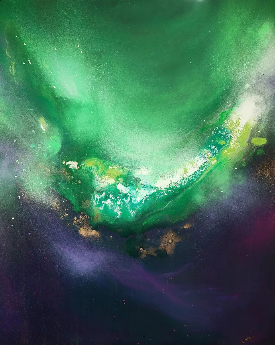 MISTYCZNE POŁĄCZENIE, greens, violets, white and gold – abstract painting by Beata Wiśniewska-Kowalewska