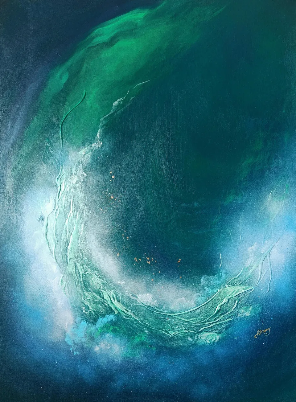 MOC WIARY, green with metallic gold-copper reflections – abstract painting by Beata Wiśniewska-Kowalewska