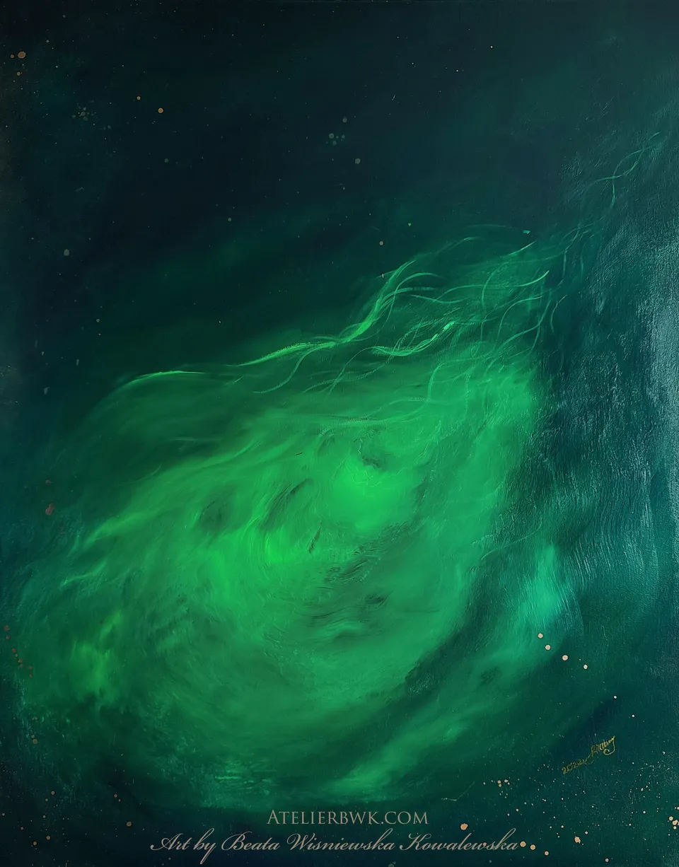 NARODZINY NADZIEI, deep bottle green with gold-copper dust – abstract painting by Beata Wiśniewska-Kowalewska