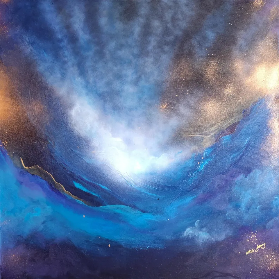 NARODZINY – NOWA DROGA, blue with gold and copper reflections – abstract painting by Beata Wiśniewska-Kowalewska