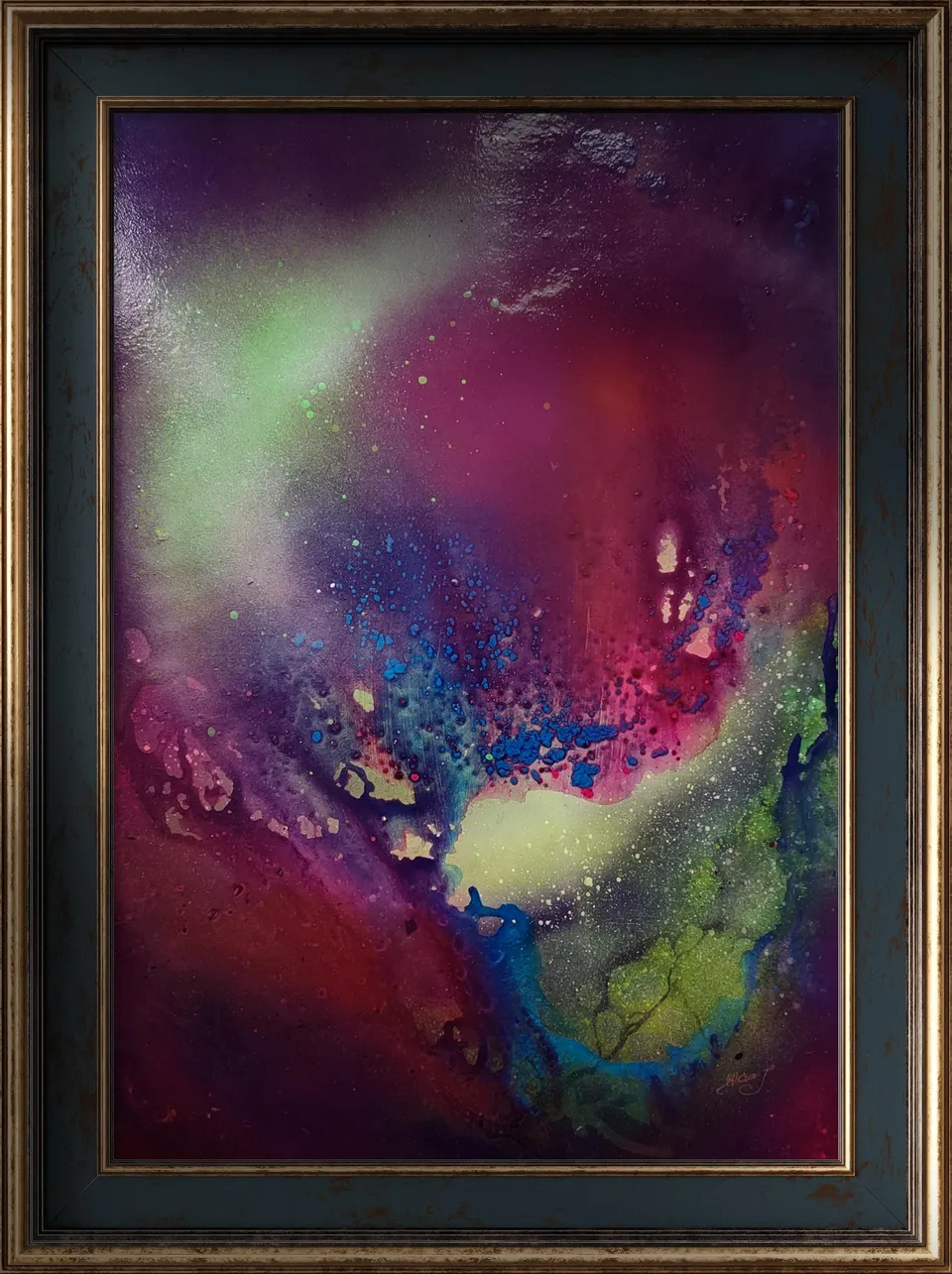 CREATIO LUCIS VI. NEBULA MATER (The mother nebula), magenta abstract painting by Beata Wiśniewska-Kowalewska