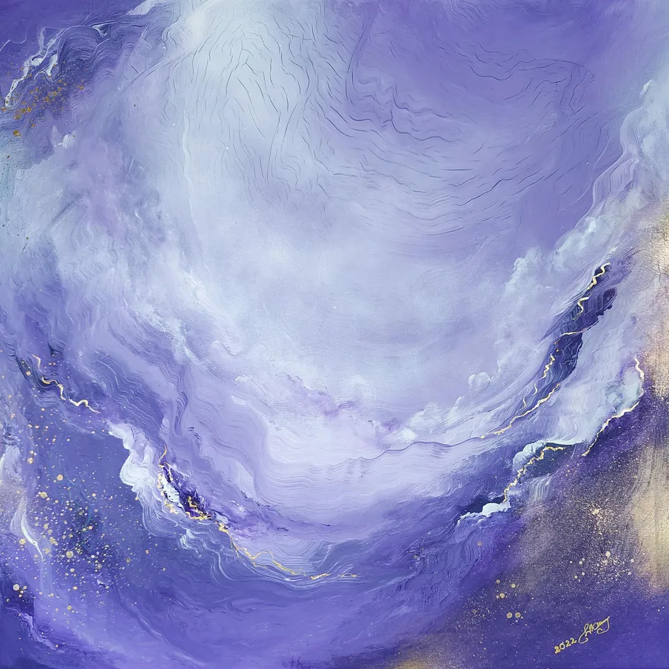 OŚWIECENIE, shades of violet – abstract painting by Beata Wiśniewska-Kowalewska