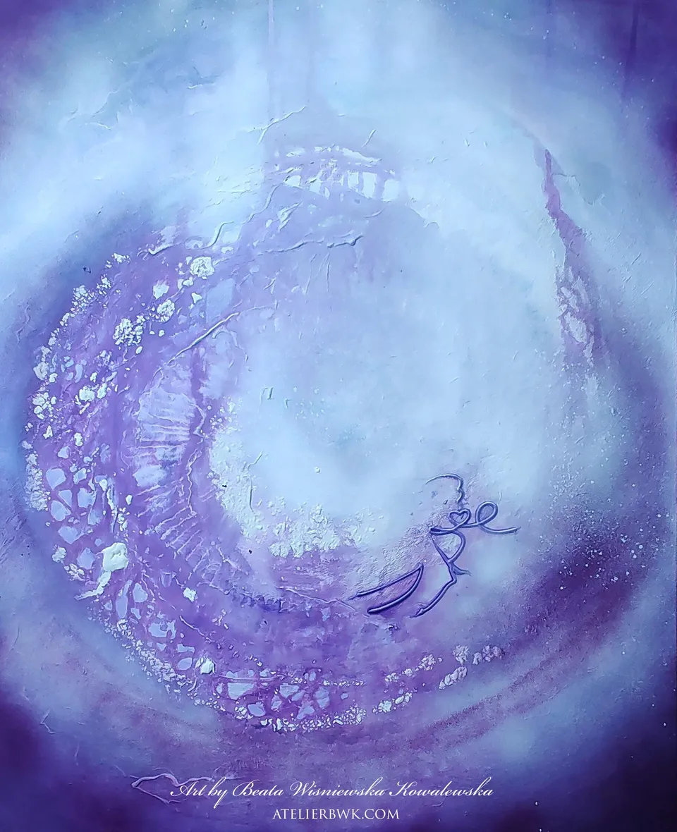 PAMIĘĆ DUSZY, a violet vortex with white at its centre – abstract painting by Beata Wiśniewska-Kowalewska