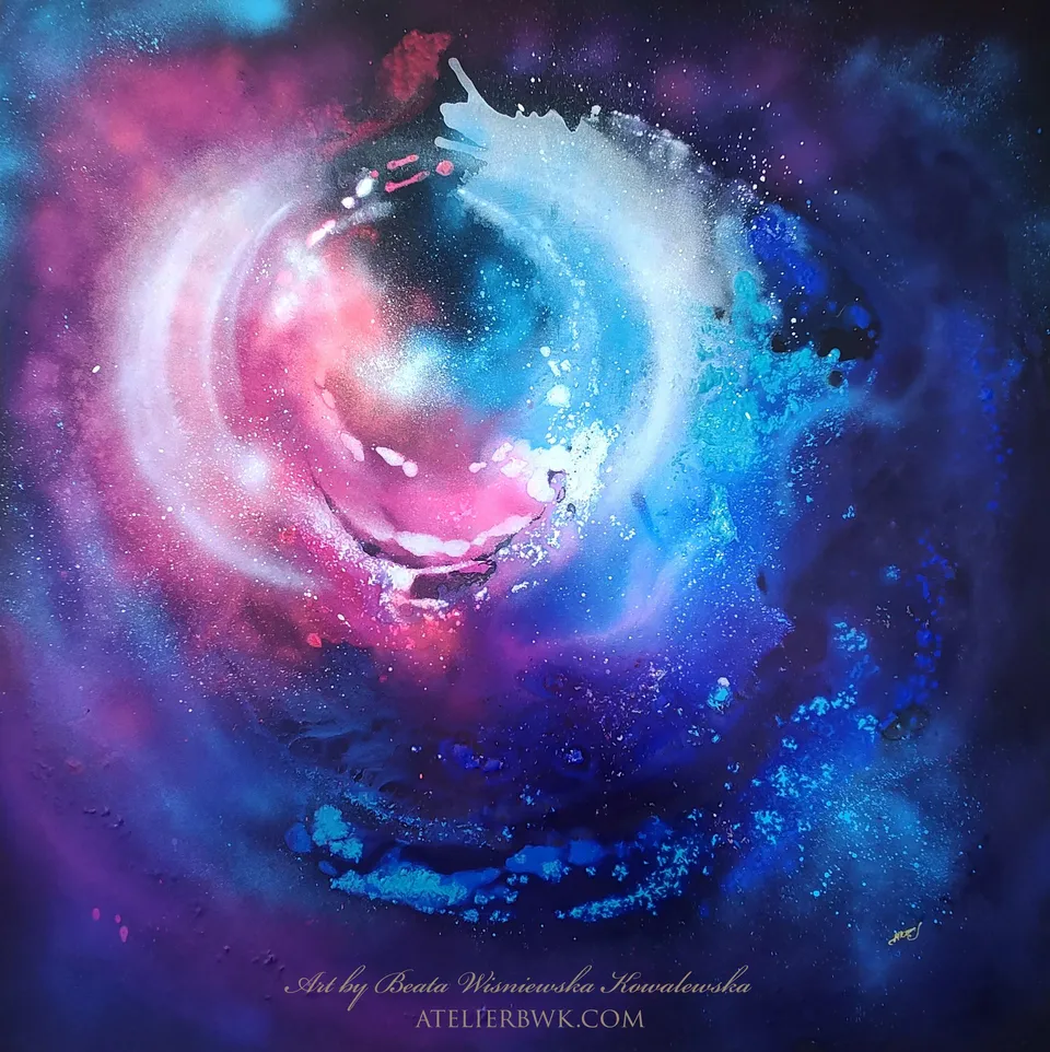 POŁĄCZENIE DUSZ – MISTYCZNA AURA, a vortex of light and colour – abstract painting by Beata Wiśniewska-Kowalewska