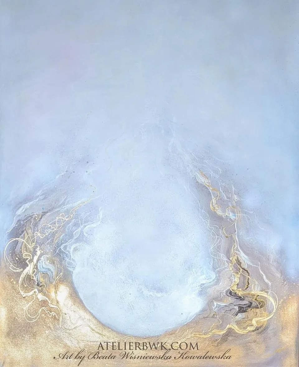 POŁĄCZENIE DUSZ – ZŁOTA WIĘŹ, gold, copper, beige, brown and white – abstract painting by Beata Wiśniewska-Kowalewska