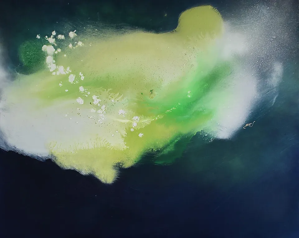 PRIMA LIBERTAS, green, violet, white and light – abstract painting by Beata Wiśniewska-Kowalewska