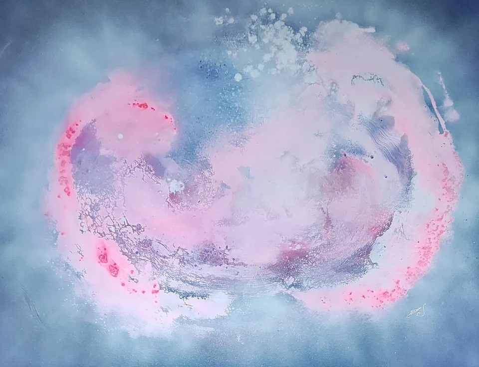 PRIMA LUX I, a soft form in blues, pinks and light – abstract painting by Beata Wiśniewska-Kowalewska