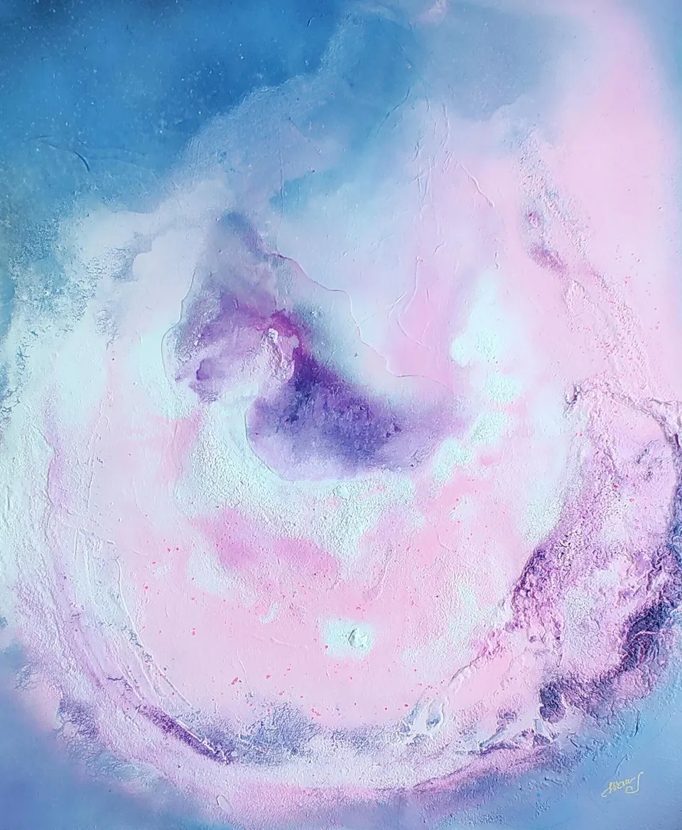 PRIMA LUX II, pastel pinks, blues and white – abstract painting by Beata Wiśniewska-Kowalewska