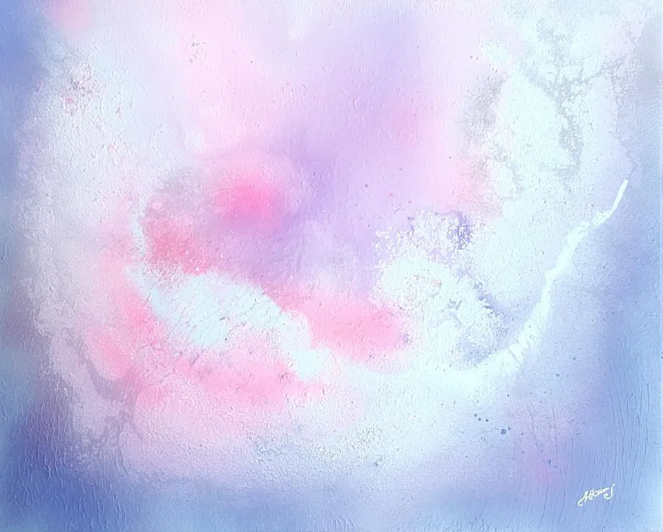 PRIMA LUX III, a soft, luminous form in pastel pink, blue and white – abstract painting by Beata Wiśniewska-Kowalewska