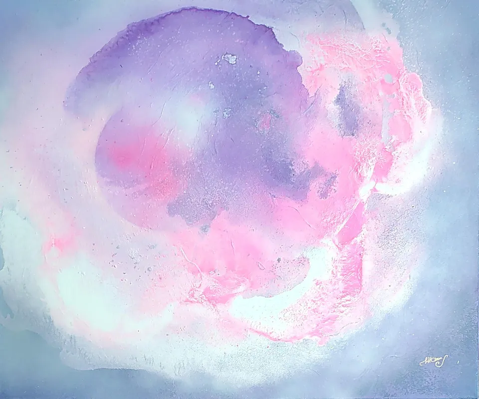 PRIMA LUX IV, a blue and pink composition – abstract painting by Beata Wiśniewska-Kowalewska