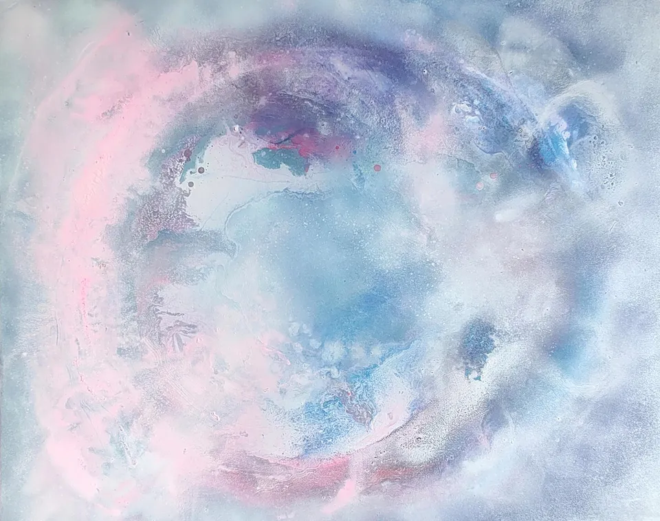 ROSA CAELI – VELUM, blue, violet and pink like light behind a veil – abstract painting by Beata Wiśniewska-Kowalewska