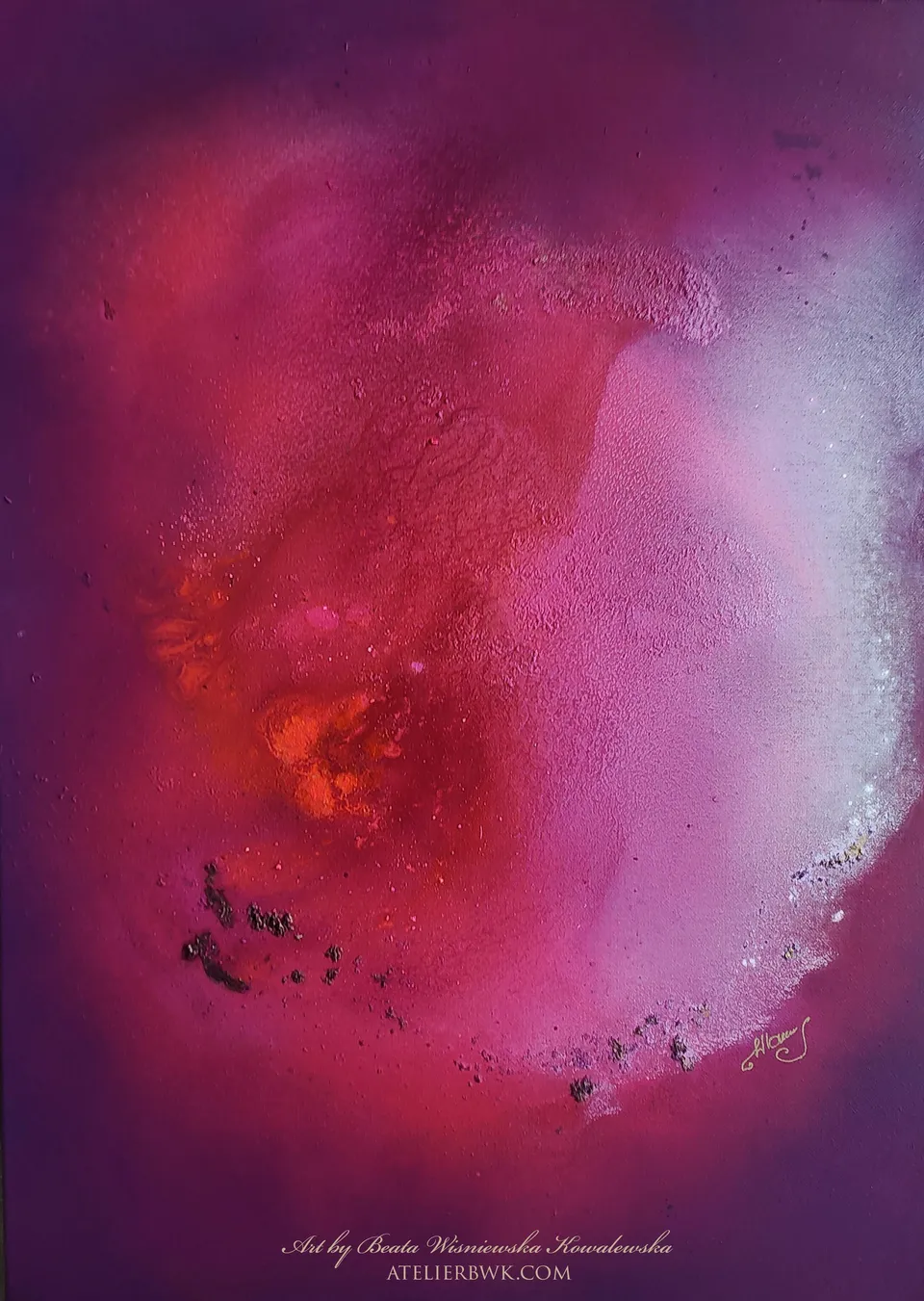 CREATIO LUCIS IV. SOL NASCENS (The rising sun), magenta abstract painting by Beata Wiśniewska-Kowalewska