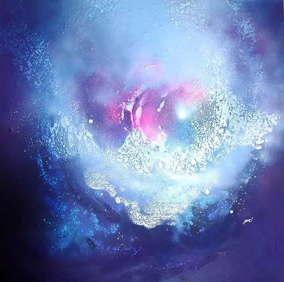 ŚWIATŁO DUSZY – NARODZINY, deep cosmic blue with a pink light – abstract painting by Beata Wiśniewska-Kowalewska