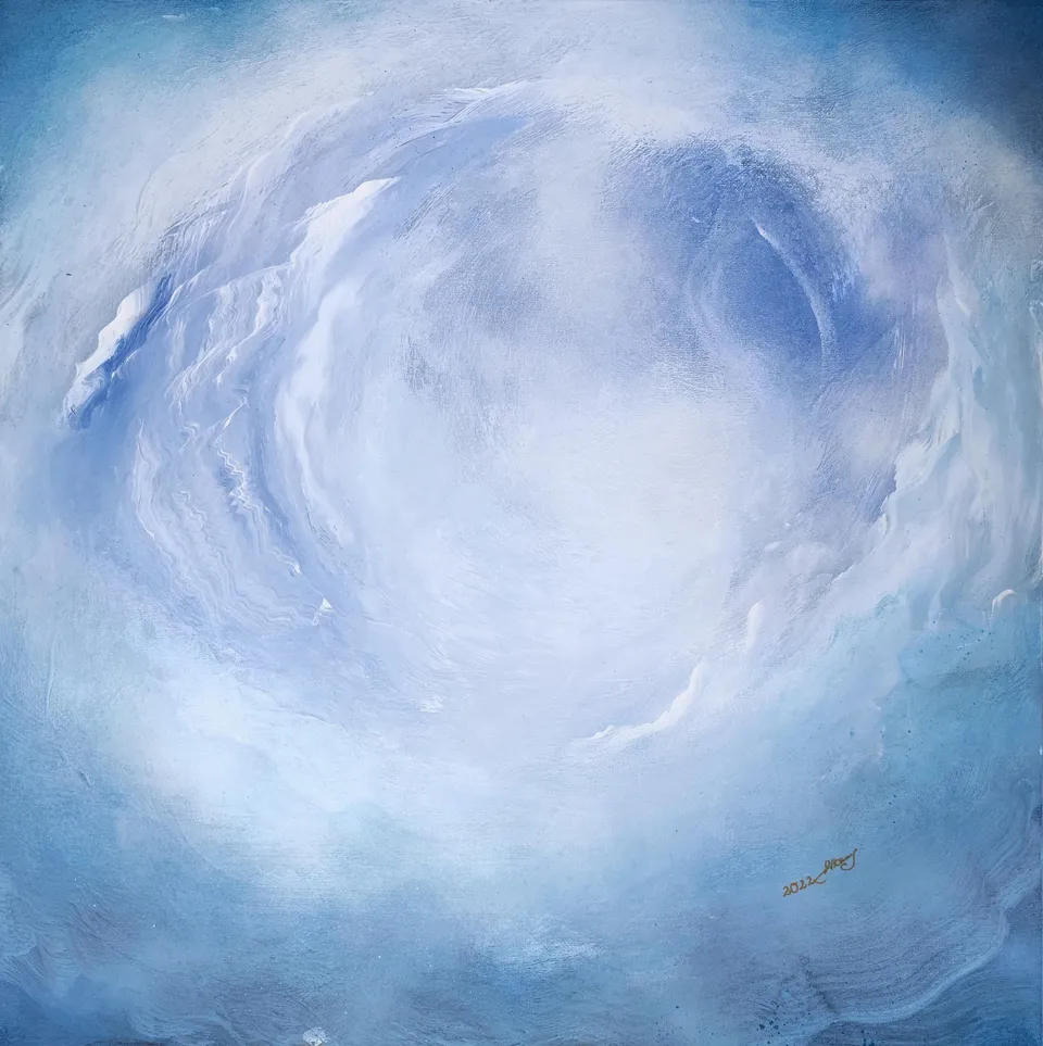 Porta Caeli II by Beata Wiśniewska Kowalewska, an abstract painting in blue and white exploring divine light, silence, transcendence and spiritual experience.