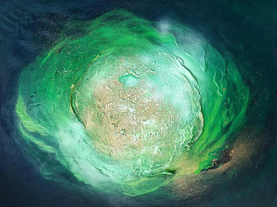 ŚWIATŁO MIŁOŚCI, green among golden dust – abstract painting by Beata Wiśniewska-Kowalewska