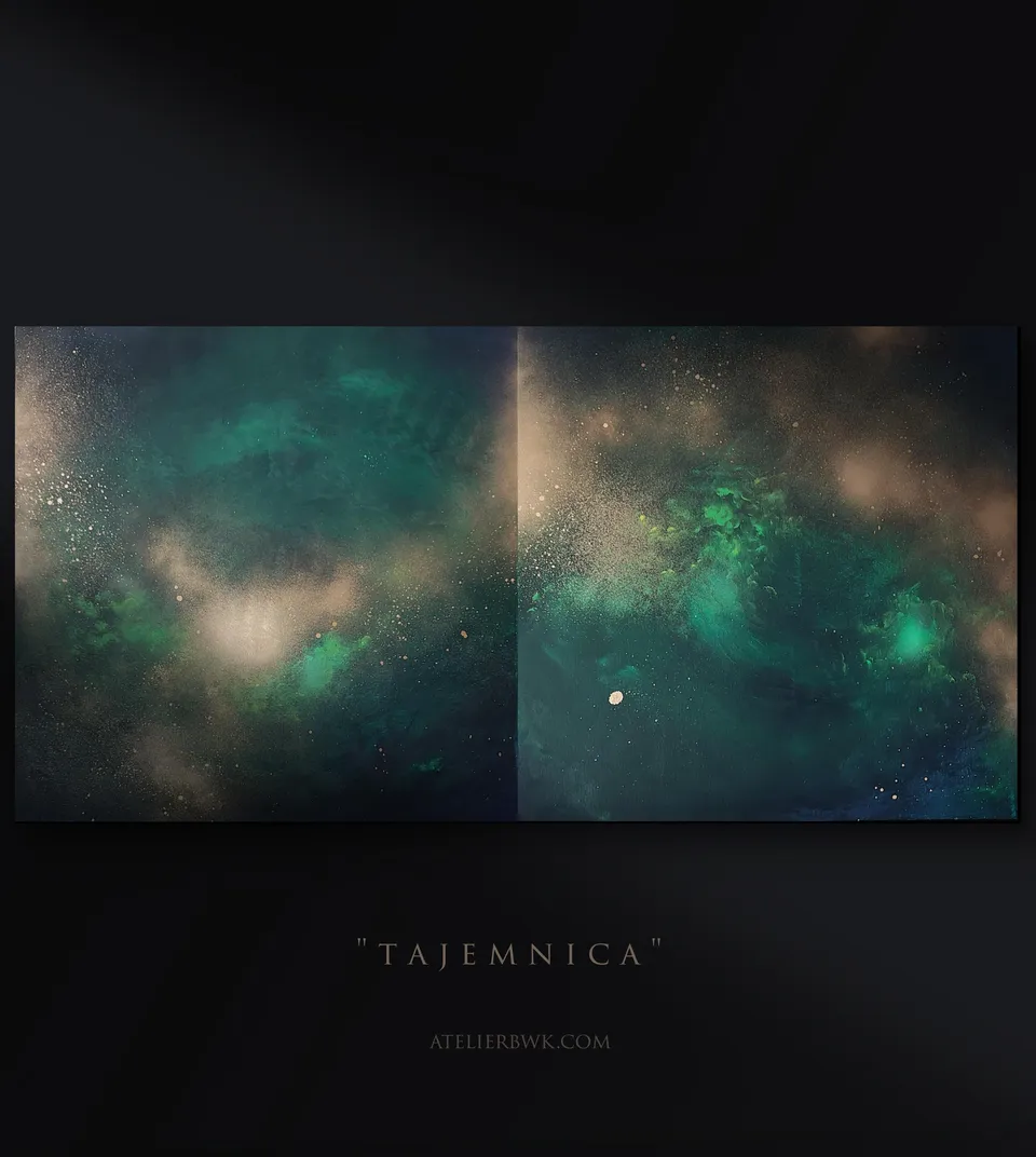 TAJEMNICA, deep bottle green with gold and copper reflections – abstract painting by Beata Wiśniewska-Kowalewska