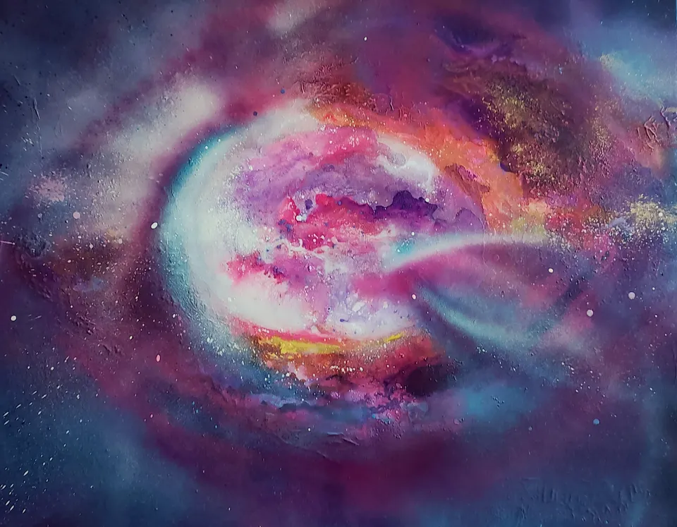 TRANSLANDACJA, a cosmic vortex of light in magenta and purple – abstract painting by Beata Wiśniewska-Kowalewska