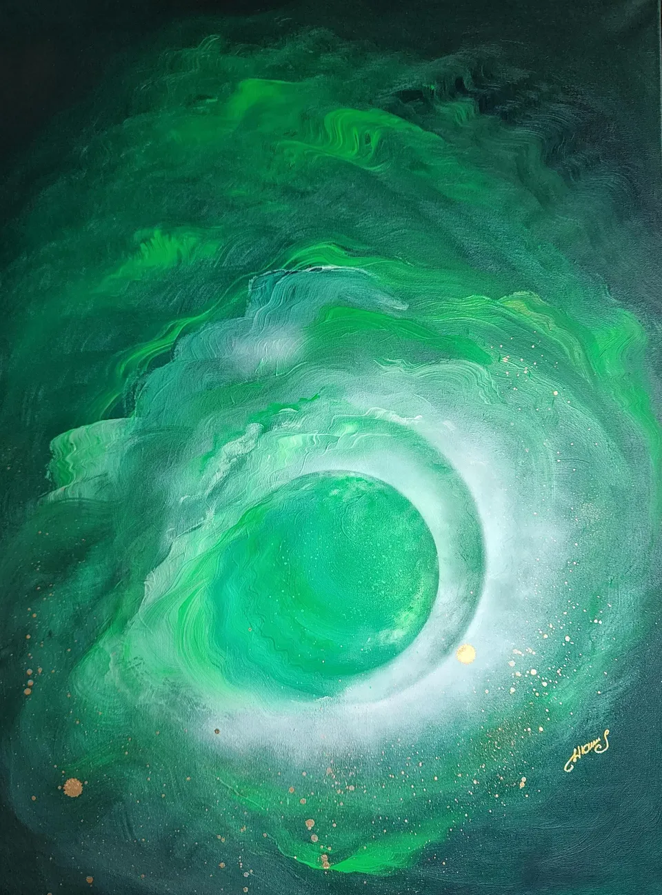 TUNEL MIŁOŚCI, a green tunnel of light – abstract painting by Beata Wiśniewska-Kowalewska