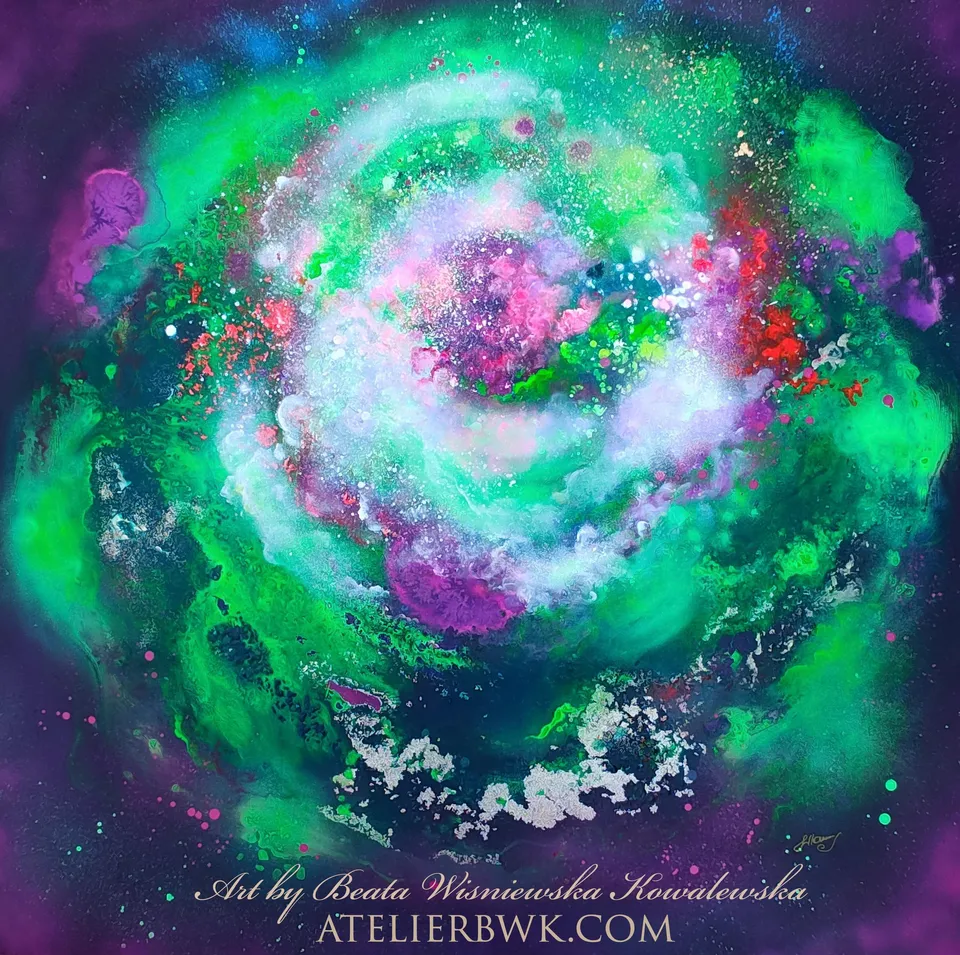 UZDROWIENIE, green, violet, pink and gold – abstract painting by Beata Wiśniewska-Kowalewska
