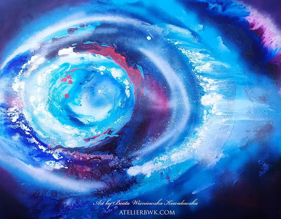 WEWNĘTRZNE WIDZENIE, an eye of light at the centre of the composition – abstract painting by Beata Wiśniewska-Kowalewska