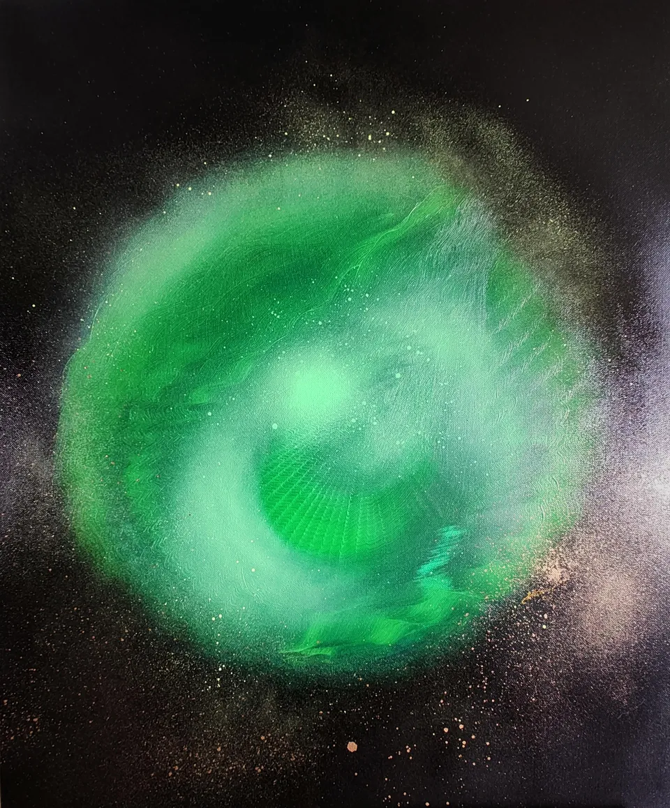 WROTA MIŁOŚCI, green with a fluorescent glow – abstract painting by Beata Wiśniewska-Kowalewska
