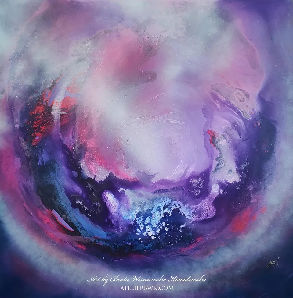 WSZECHWIEDZA, violet, pink and white in circles of light – abstract painting by Beata Wiśniewska-Kowalewska