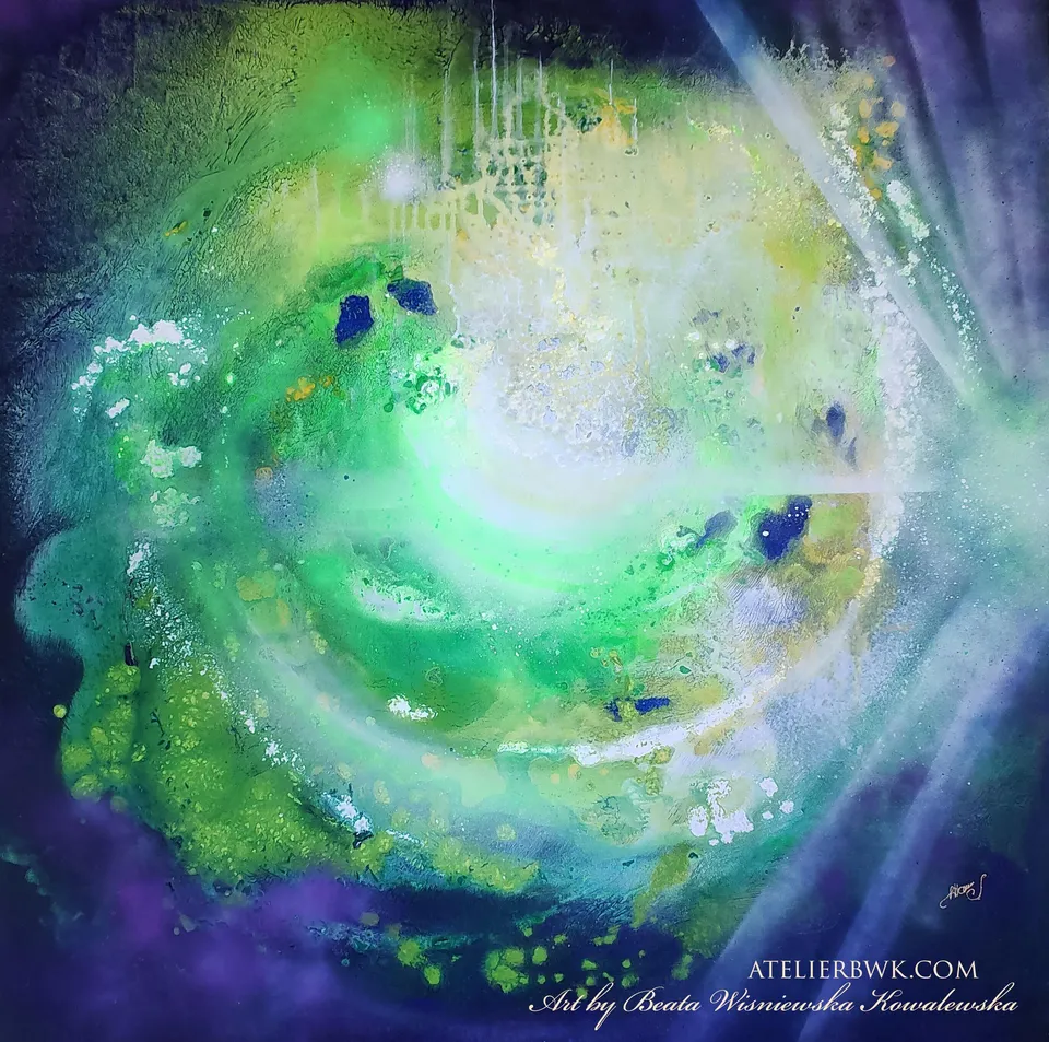 WYROCZNIA, flowing green energy – abstract painting by Beata Wiśniewska-Kowalewska